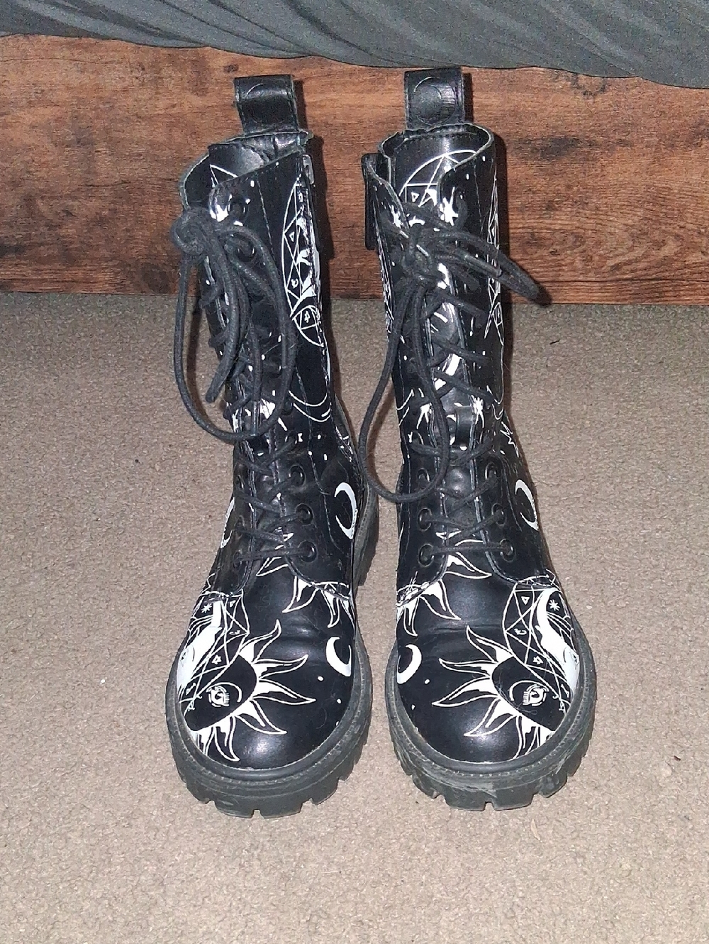 Killstar Black Combat Boots with White Celestial Print